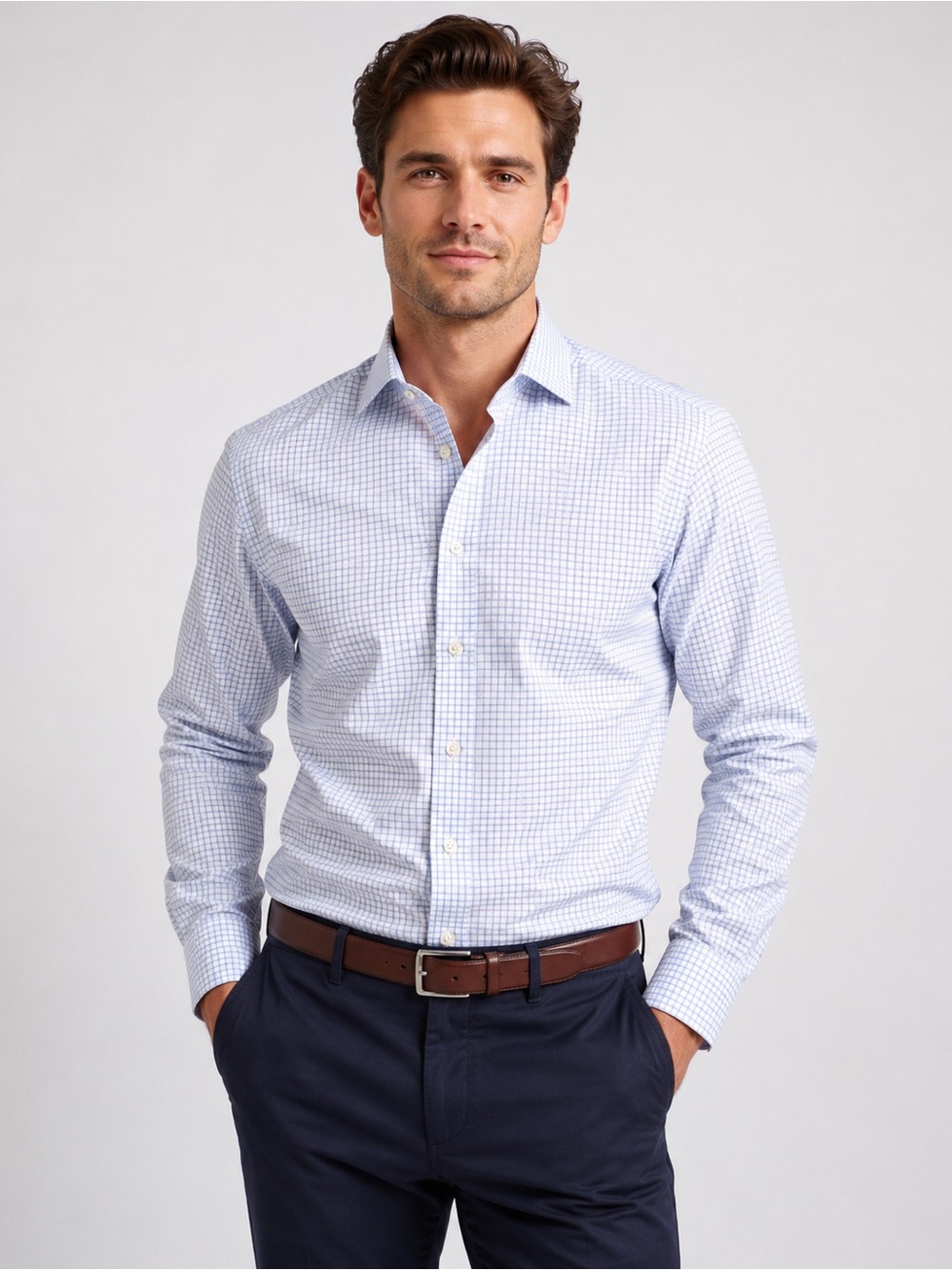 Ledbury Men’s 15 36 Regular Blue Check 100% Cotton Button Front Dress Shirt